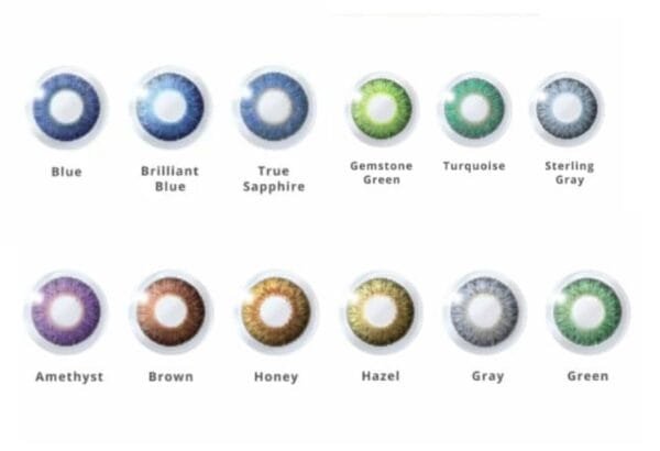 "Variety of Air Optix Colors contact lenses displaying shades: Blue, Brilliant Blue, True Sapphire, Amethyst, Brown, Honey, Hazel, Gray, Green, Gemstone Green, Turquoise, and Sterling Gray."