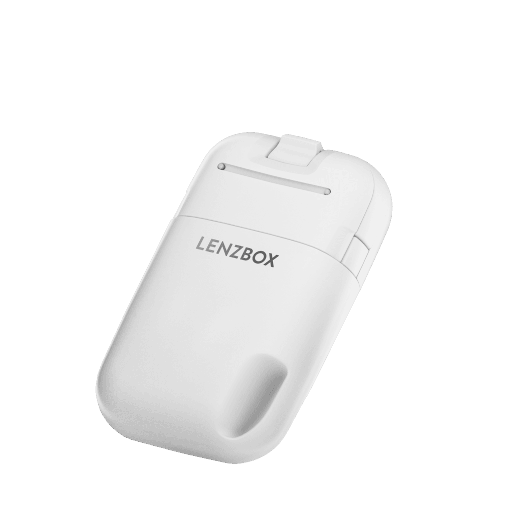 "Closed Lenzbox contact lens storage case in sleek white with a compact, modern design."