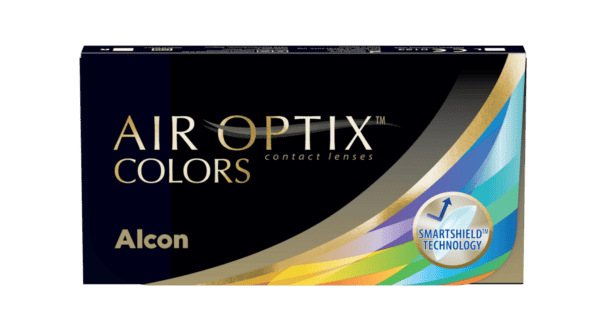 Air Optix Colors contact lenses box featuring SmartShield® Technology by Alcon.