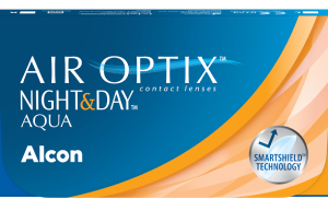 AIR OPTIX NIGHT & DAY AQUA contact lenses box featuring SmartShield® Technology by Alcon.