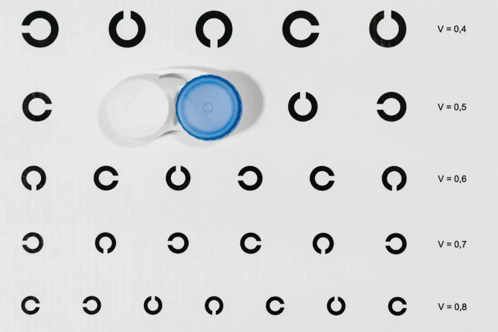 Blue and White Plastic Bottle Cap on Eye Chart